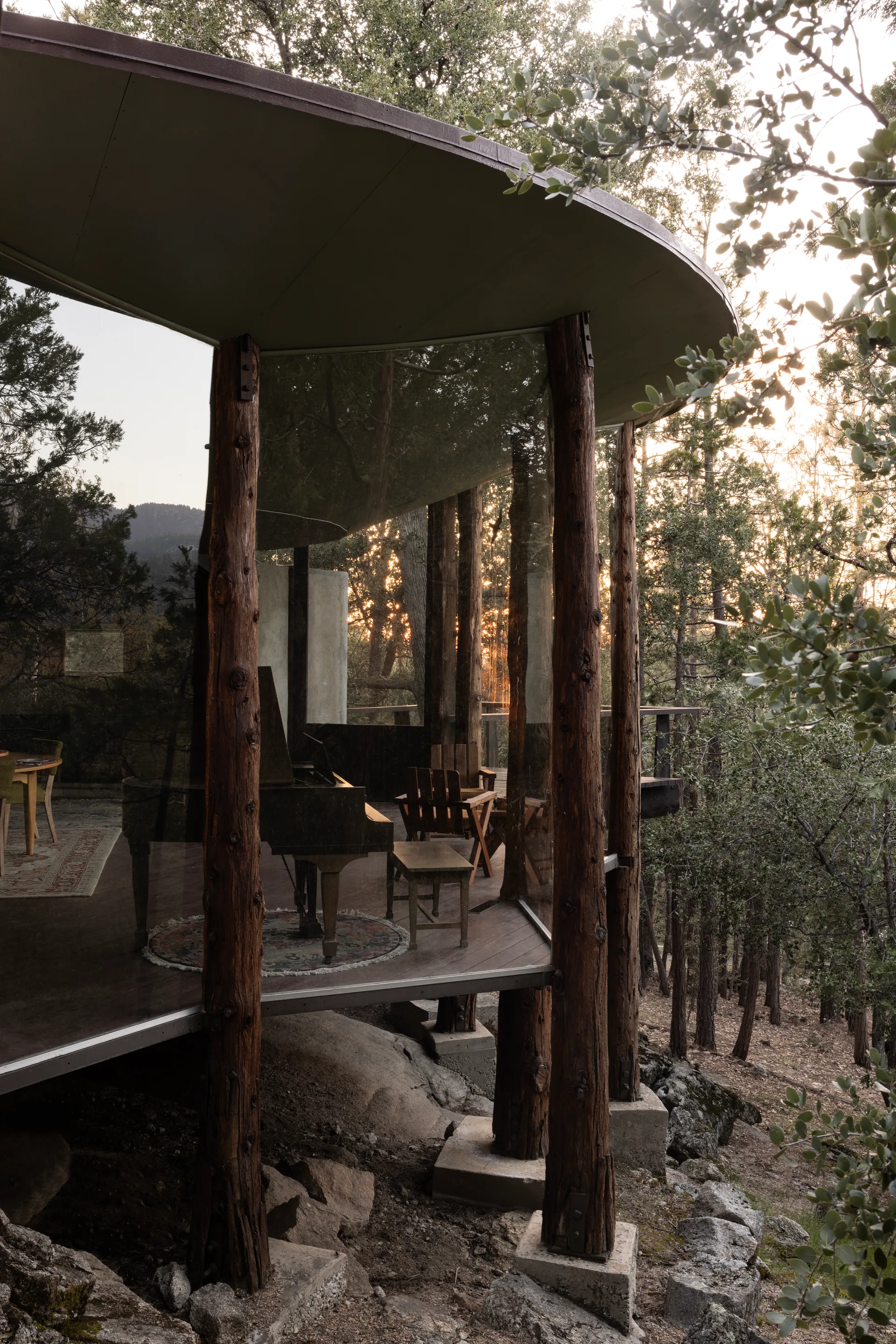 Exterior at golden hour: thin circular roof and curved floor-to-ceiling glass on a rocky wooded slope, log columns on concrete footings, warm sun through the trees; grand piano, rugs, and seating visible inside (full-height vertical crop)