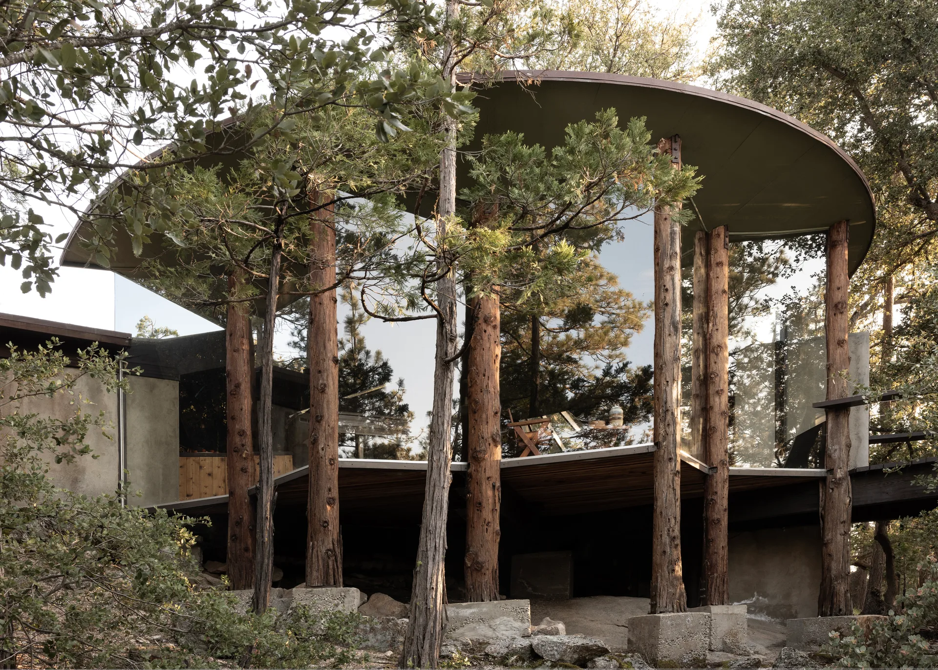 Another angle on the pavilion: circular dark roof and glass walls among mixed forest, log pillars to the ground, smooth stucco volume at left, mossy rocks and scrub in front, director-style chair and small table visible within