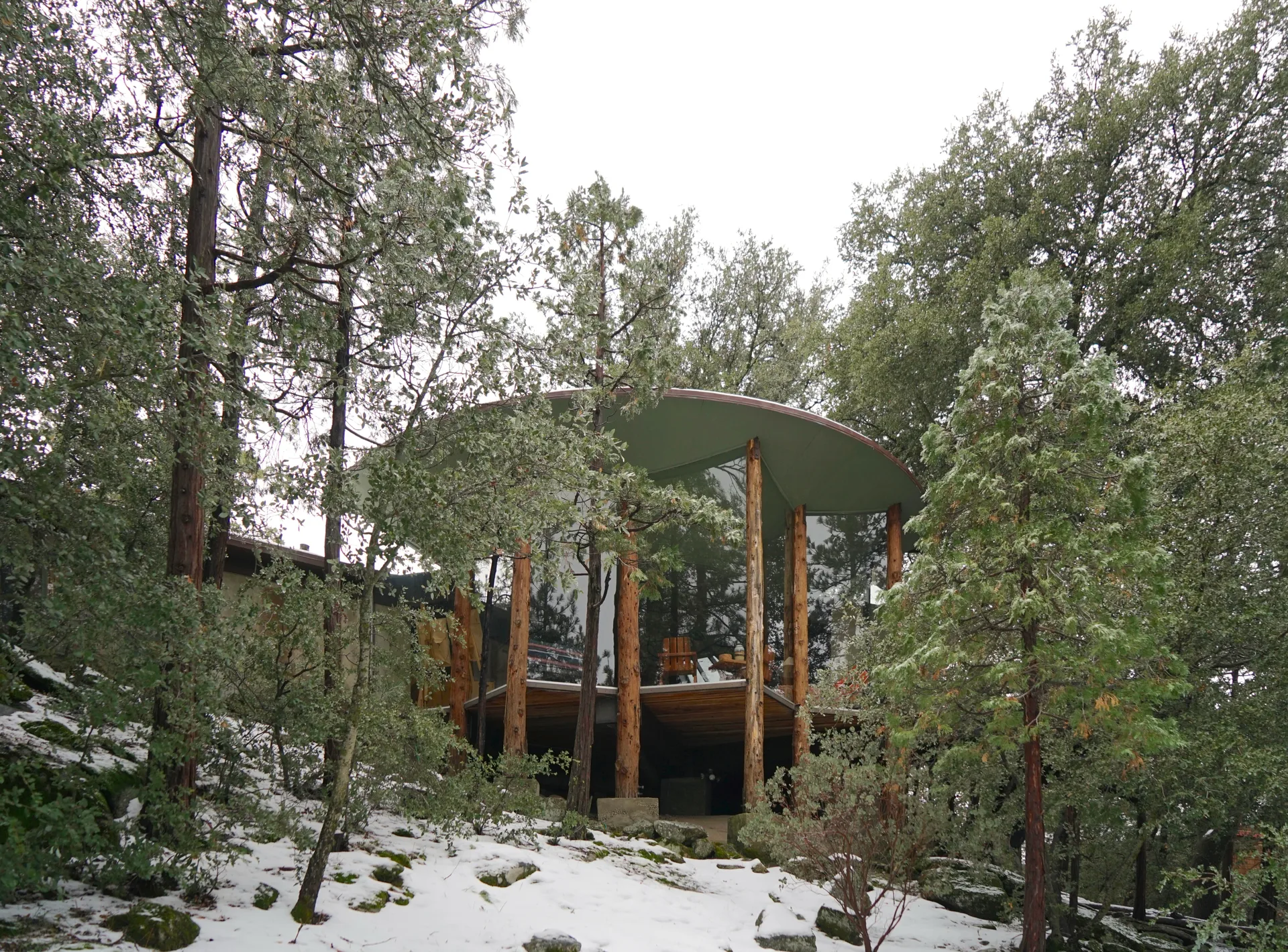 Exterior view of the cabin’s curved green roof and glass walls, wooden deck with tree-trunk columns and Adirondack chair visible, in snowy forest